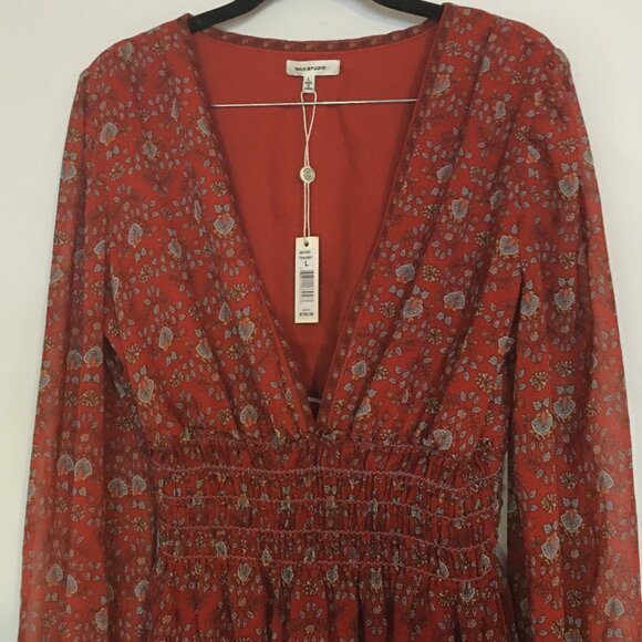 MAX STUDIO ☮ Crepe Long Sleeve Tiered Short Dress with Smocked Waist NEW!! - Picture 3 of 11